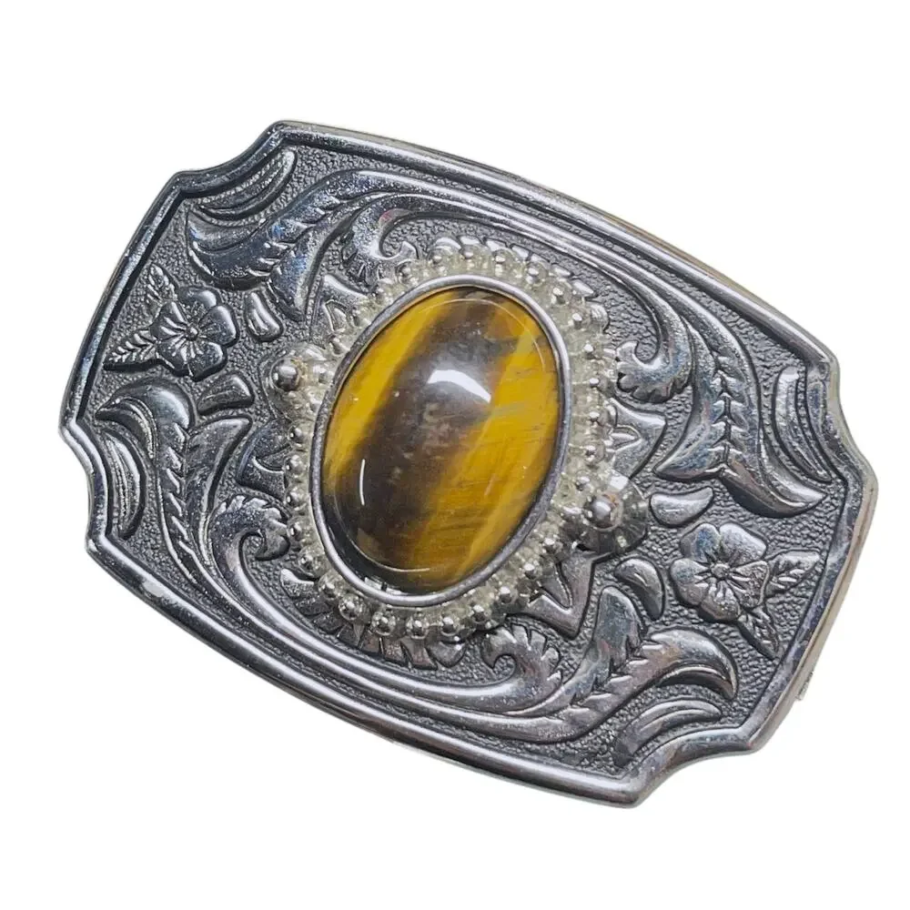 Western Silver Tone Belt Buckle Tiger Eye Stone Women's Kids 1.25